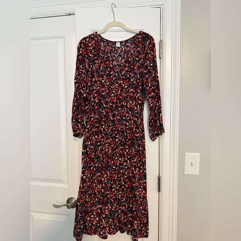 Old Navy Long Sleeve Dress with Red and Blue Floral Pattern